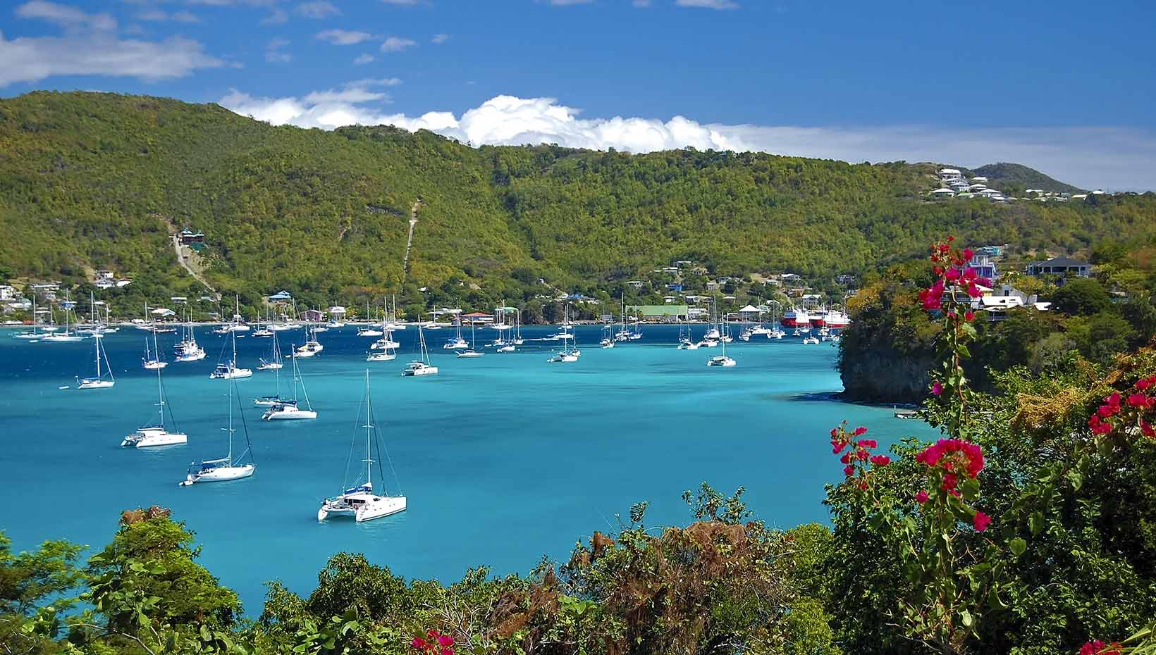 Sailboats anchored in a turquoise bay surrounded by lush green hills and vibrant flowers | MSC Cruises Sailboats anchored in a turquoise bay surrounded by lush green hills and vibrant flowers | MSC Cruises