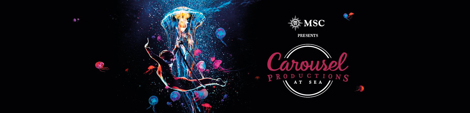 Acrobats performing underwater-themed show with jellyfish visuals | MSC Cruises Acrobats performing underwater-themed show with jellyfish visuals | MSC Cruises