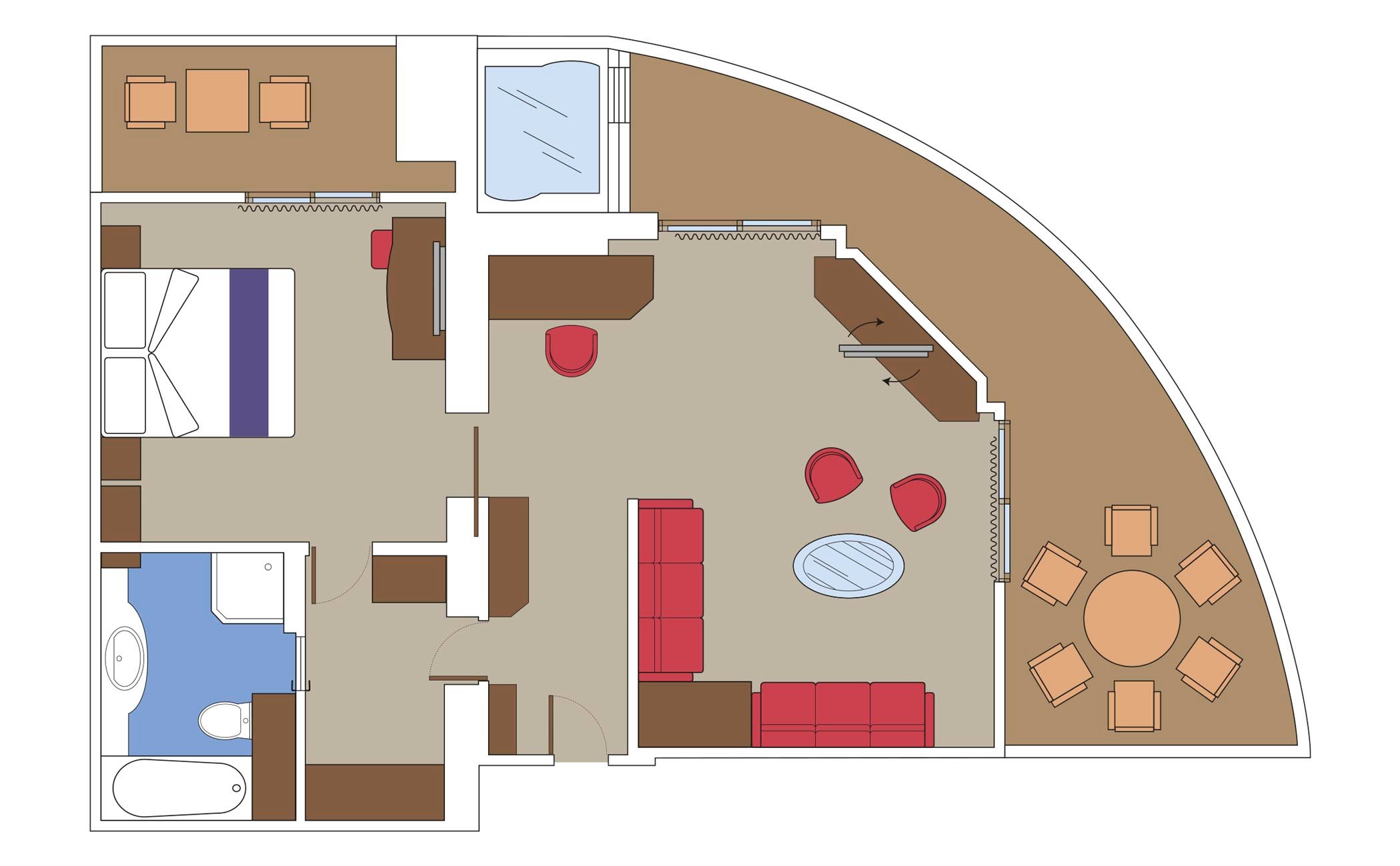 Spacious cruise suite floor plan with bedroom, living area, balcony, and bathroom | MSC Cruises