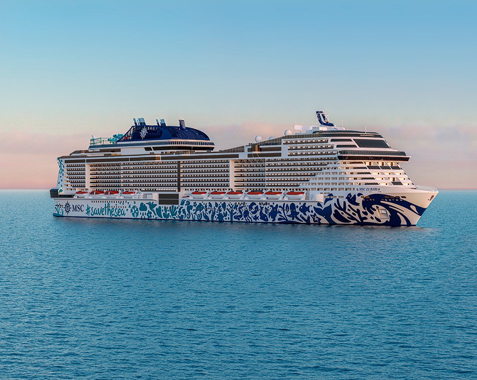 The MSC Euribia cruise ship with ocean-themed hull artwork sailing at sunrise | MSC Cruises