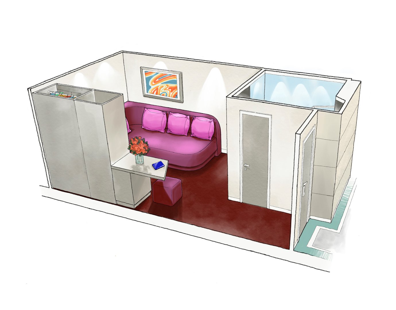 Illustration of a modern cruise ship cabin with a pink sofa, table, and private bathroom | MSC Cruises Illustration of a modern cruise ship cabin with a pink sofa, table, and private bathroom | MSC Cruises