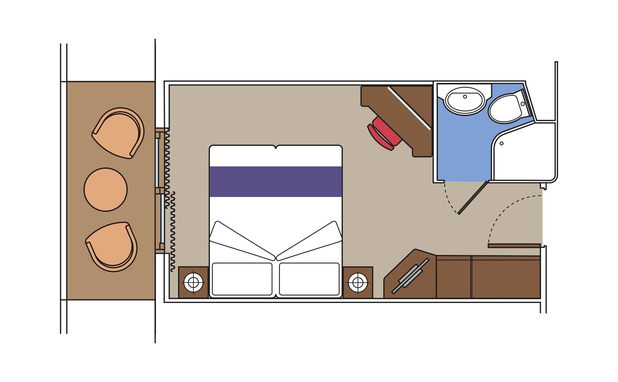 Diagram of a cruise ship cabin with a balcony, double bed, desk, and private bathroom | MSC Cruises Diagram of a cruise ship cabin with a balcony, double bed, desk, and private bathroom | MSC Cruises