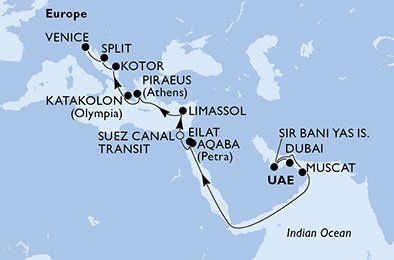 Emiratos Árabes Unidos, Omán, Israel, Jordania, Egipto, Chipre, Grecia, Montenegro, Croacia, Italia