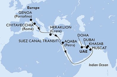 Italia, Grecia, Egipto, Jordania, Omán, Qatar, Emiratos Árabes Unidos