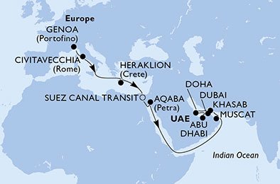 Italia, Grecia, Egipto, Jordania, Omán, Qatar, Emiratos Árabes Unidos