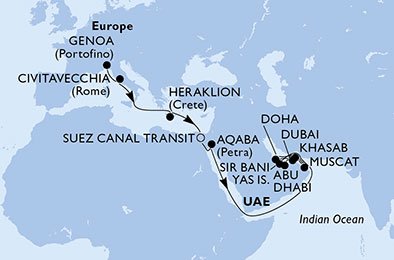 Italia, Grecia, Egipto, Jordania, Omán, Qatar, Emiratos Árabes Unidos