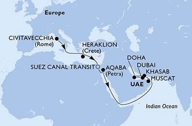 Italia, Grecia, Egipto, Jordania, Omán, Qatar, Emiratos Árabes Unidos