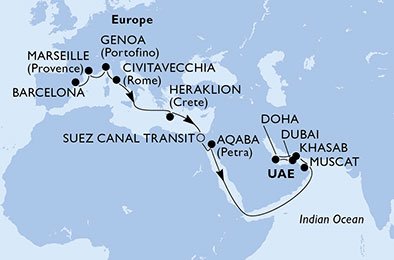 España, Francia, Italia, Grecia, Egipto, Jordania, Omán, Qatar, Emiratos Árabes Unidos