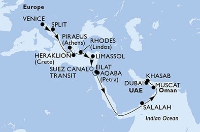 Italia, Croacia, Grecia, Chipre, Egipto, Israel, Jordania, Omán, Emiratos Árabes Unidos