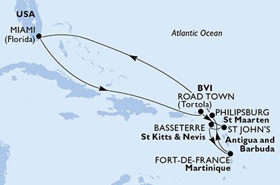 Estados Unidos, Islas Vírgenes (Británicas), Antigua y Barbuda, St. Kitts, Martinica, St. Maarten