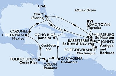 Estados Unidos, Islas Vírgenes (Británicas), Antigua y Barbuda, St. Kitts, Martinica, St. Maarten, Jamaica, Colombia, Panamá, Costa Rica, México
