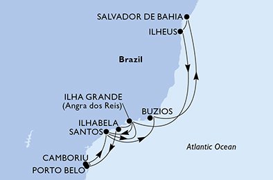 Santos, Buzios, Salvador de Bahía , Ilhéus, Ilha Grande, Santos, Ilha Grande, Ilhabela, Portobelo, Camboriu, Santos