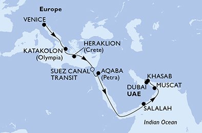 Italia, Grecia, Egipto, Jordania, Omán, Emiratos Árabes Unidos