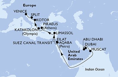 Emiratos Árabes Unidos, Omán, Israel, Jordania, Egipto, Chipre, Grecia, Montenegro, Croacia, Italia