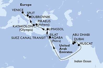 Emiratos Árabes Unidos, Omán, Israel, Jordania, Egipto, Chipre, Grecia, Croacia, Italia